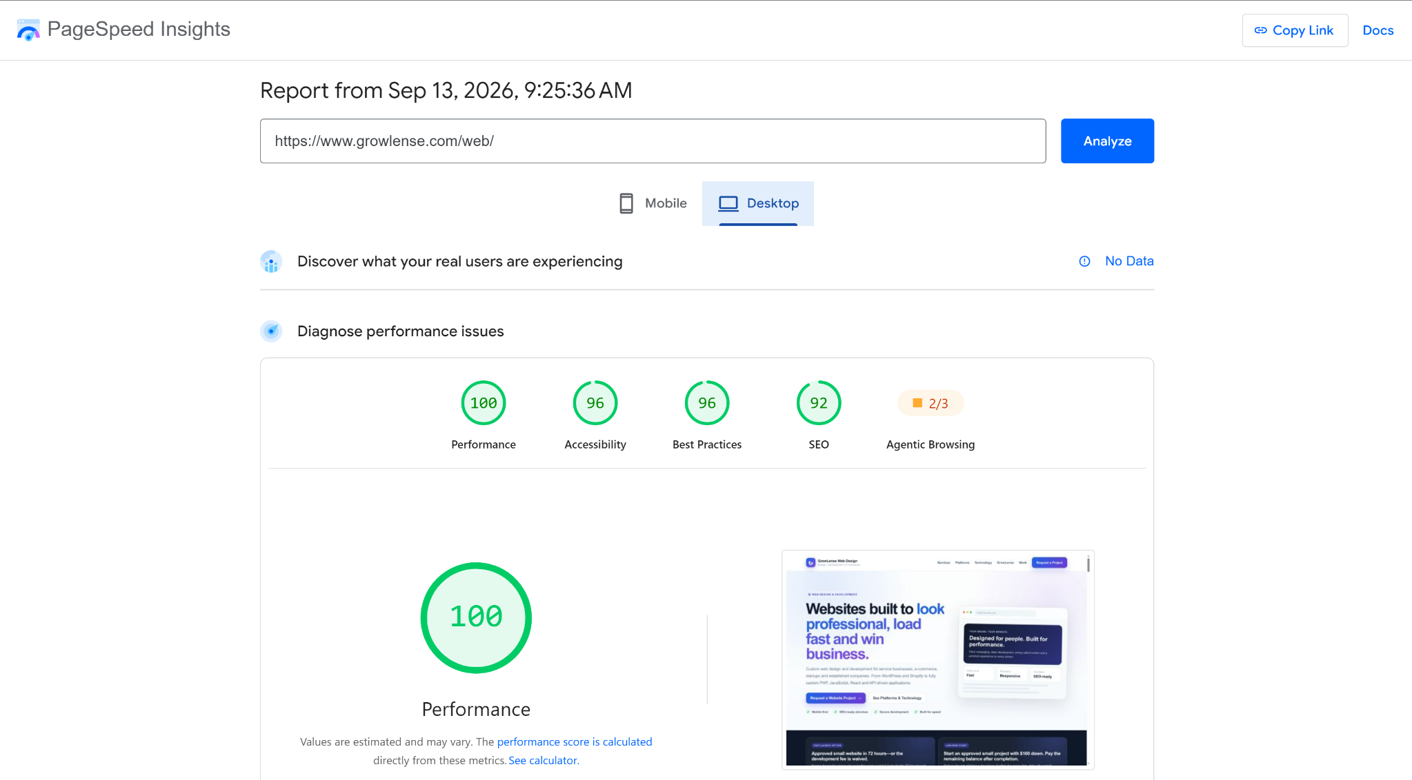 PageSpeed Insights desktop report showing 100 performance, 96 accessibility, 96 best practices and 92 SEO