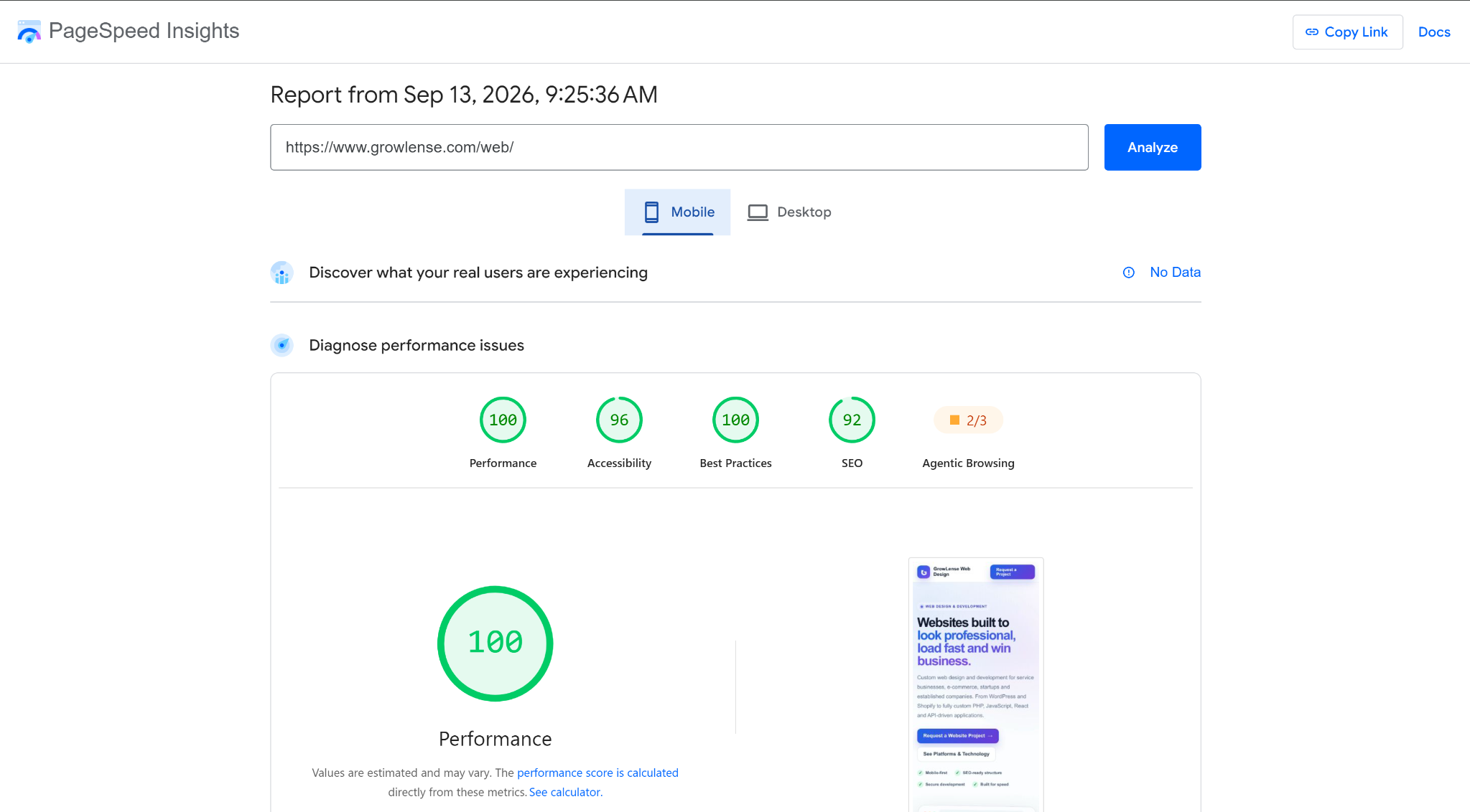 PageSpeed Insights mobile report showing 100 performance, 96 accessibility, 100 best practices and 92 SEO